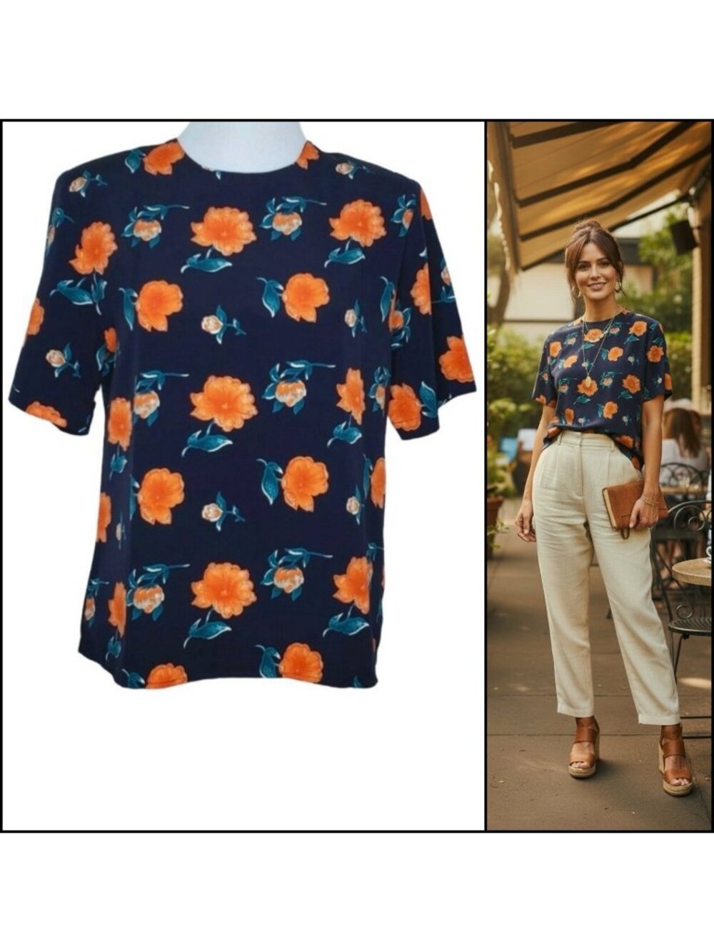 Vintage Worthington Floral Blouse Size Medium Petite Short Sleeves Blue Orange